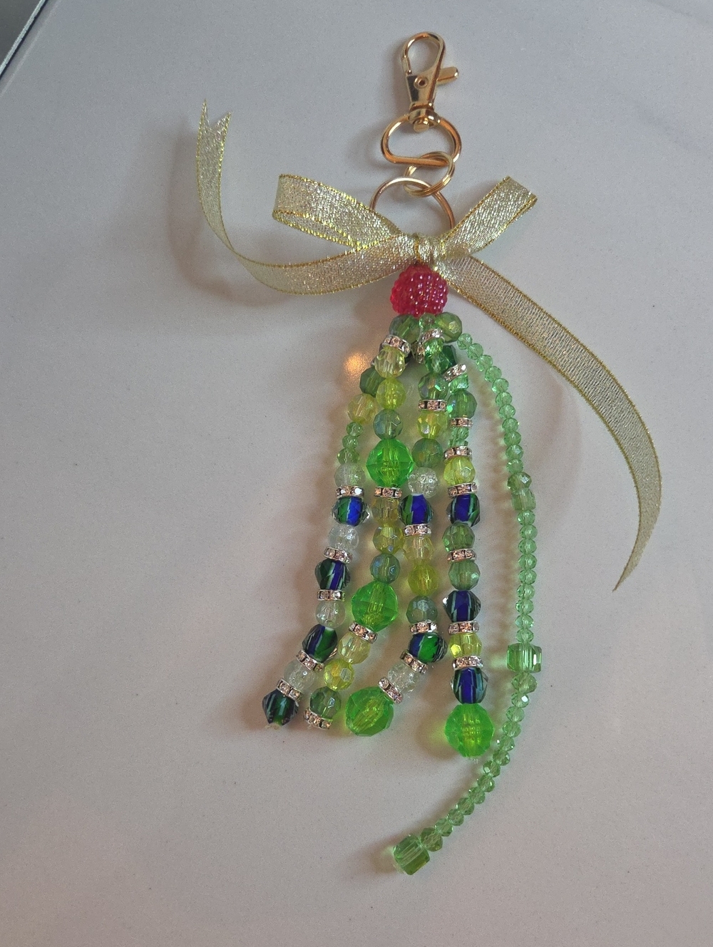 Gold Clip Green Beaded Tassel Bag Charm